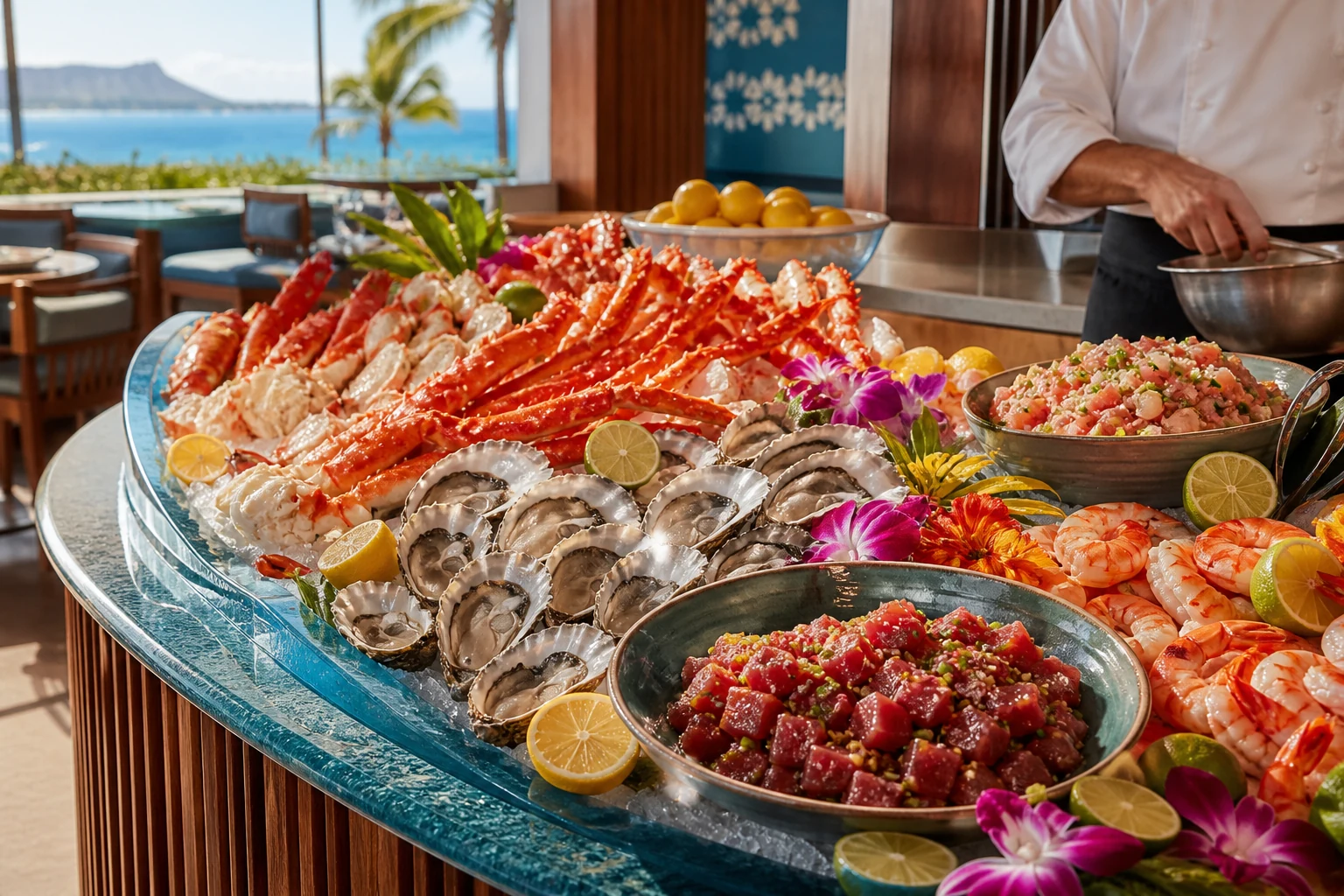 Seafood segar, poke, udang, dan tiram