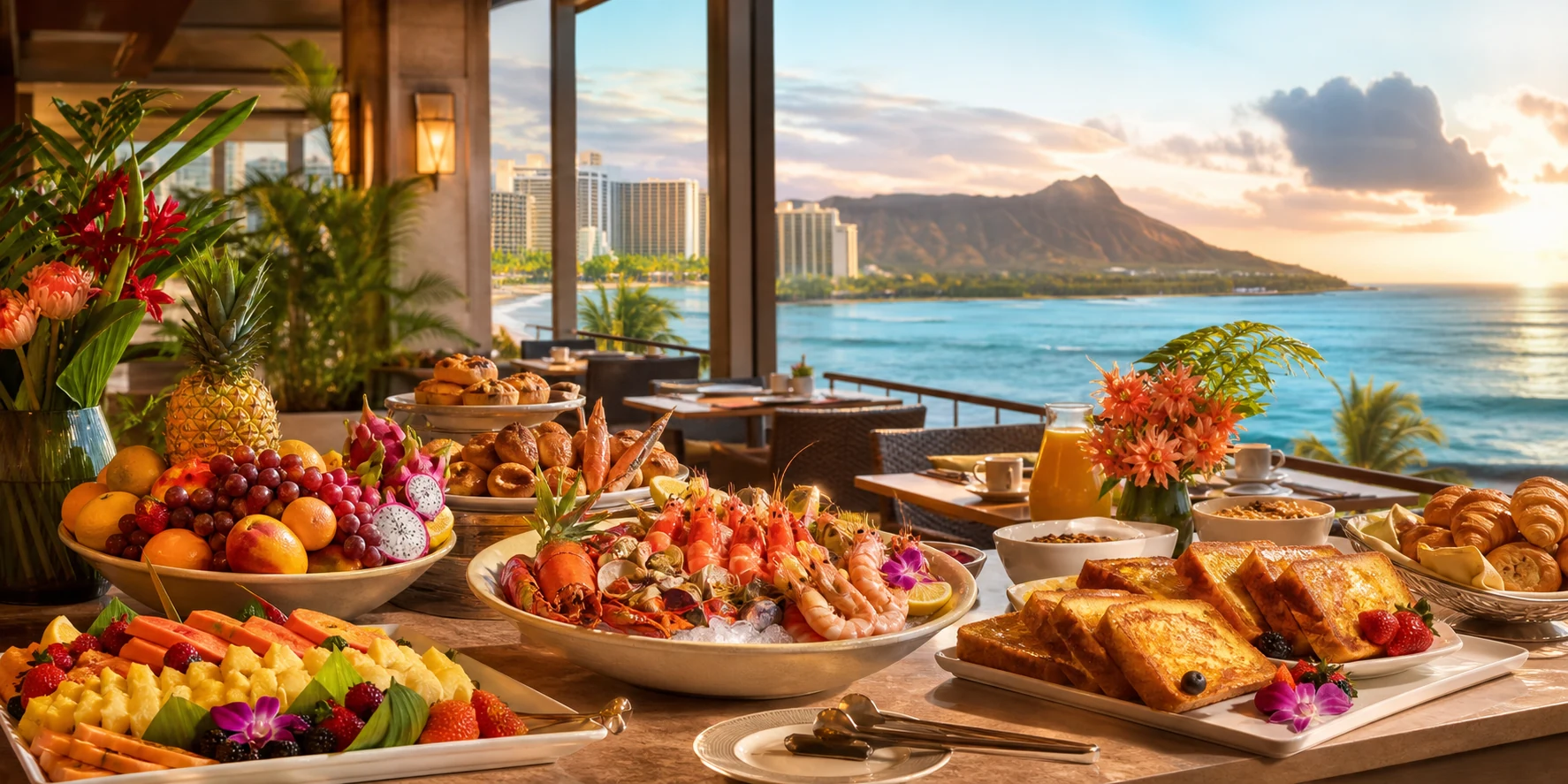 Buffet tropis dengan pemandangan Waikiki saat matahari terbit